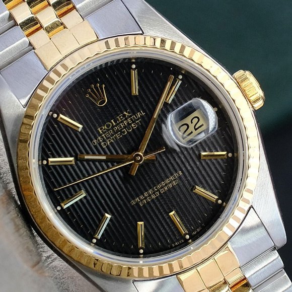 ROLEX MENS DATEJUST 16233 GOLD &STEEL BLACK DIAL FLUTED 36MM WATCH BOX & PAPERS - Picture 3 of 11